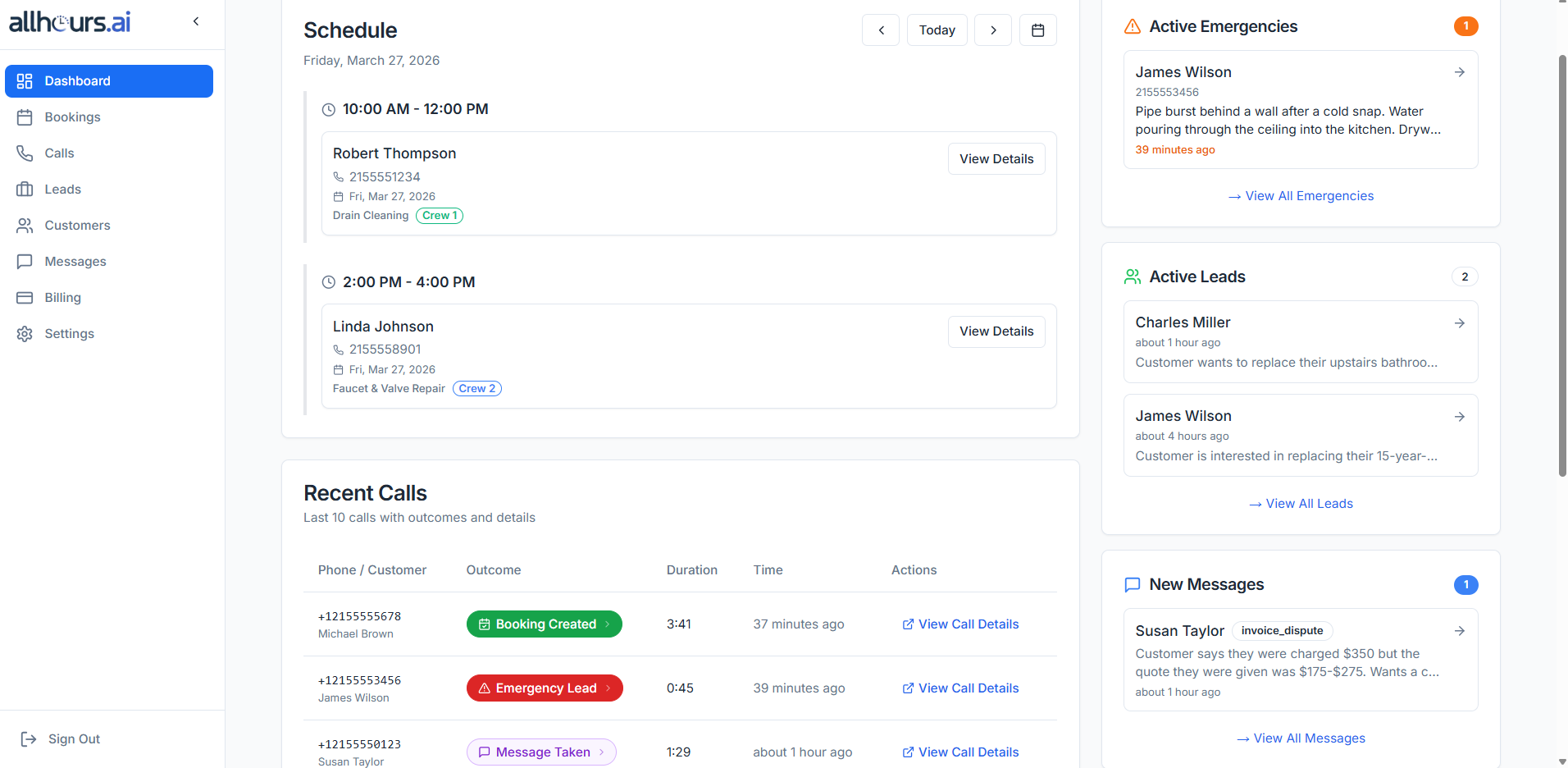 AllHours.ai Dashboard showing scheduled bookings, recent calls with outcomes, active emergencies, leads, and customer messages